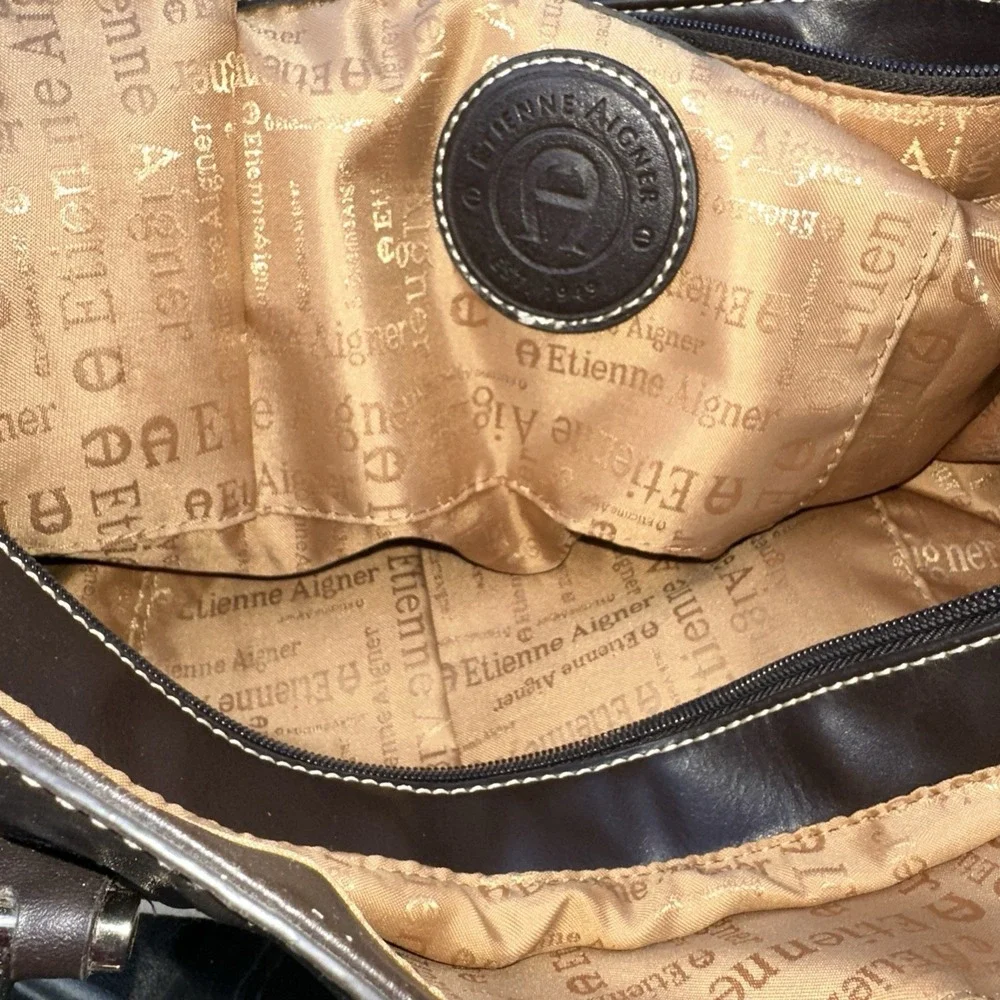 Etienne Aigner Large Satchel Handbag Beige Tote Shoulder Bag Leather Trim‎